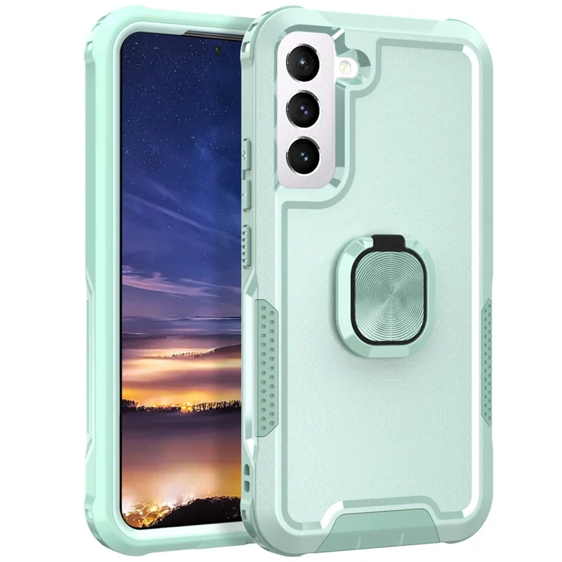 For Samsung Galaxy S22 5G PC + Silicone 3-in-1 Protective Case Rotatable Ring Kickstand Phone Drop-proof Cover - Green