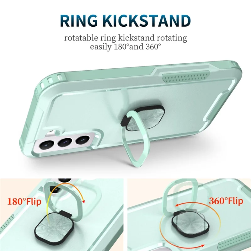 For Samsung Galaxy S22 5G PC + Silicone 3-in-1 Protective Case Rotatable Ring Kickstand Phone Drop-proof Cover - Green
