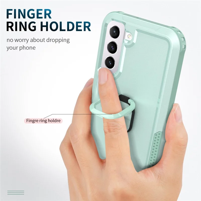 For Samsung Galaxy S22 5G PC + Silicone 3-in-1 Protective Case Rotatable Ring Kickstand Phone Drop-proof Cover - Green