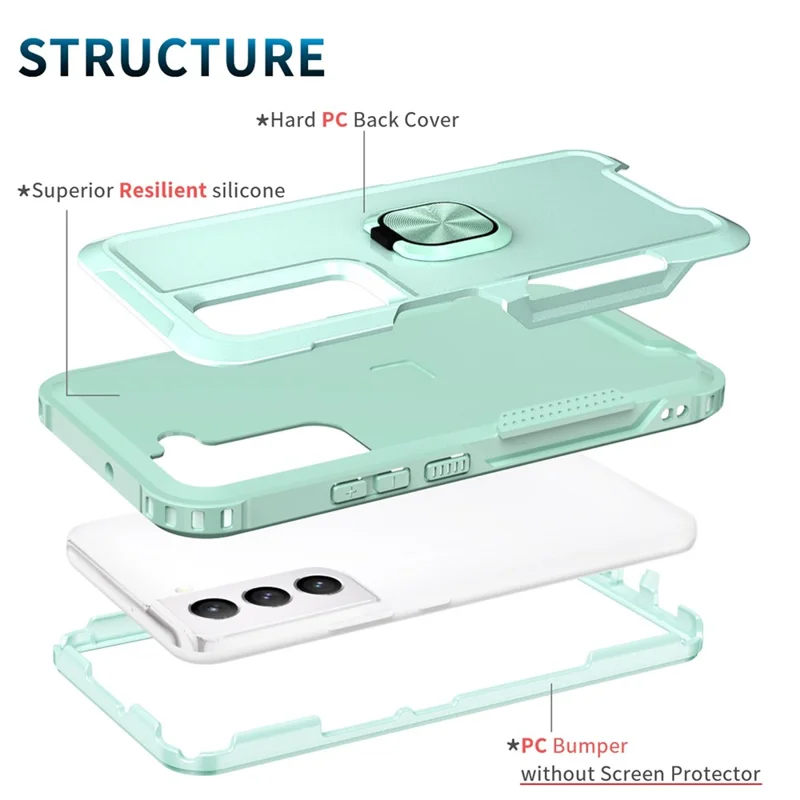 For Samsung Galaxy S22 5G PC + Silicone 3-in-1 Protective Case Rotatable Ring Kickstand Phone Drop-proof Cover - Green