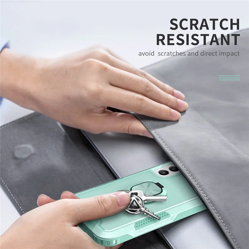 For Samsung Galaxy S22 5G PC + Silicone 3-in-1 Protective Case Rotatable Ring Kickstand Phone Drop-proof Cover - Green