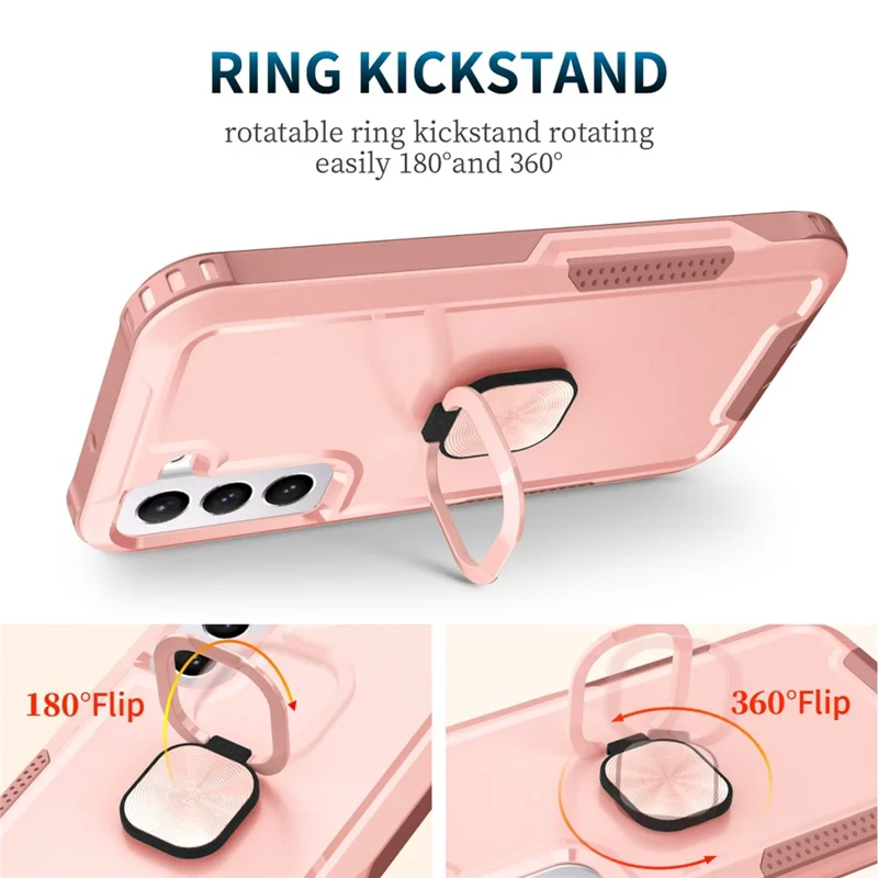 For Samsung Galaxy S22 5G PC + Silicone 3-in-1 Protective Case Rotatable Ring Kickstand Phone Drop-proof Cover - Pink