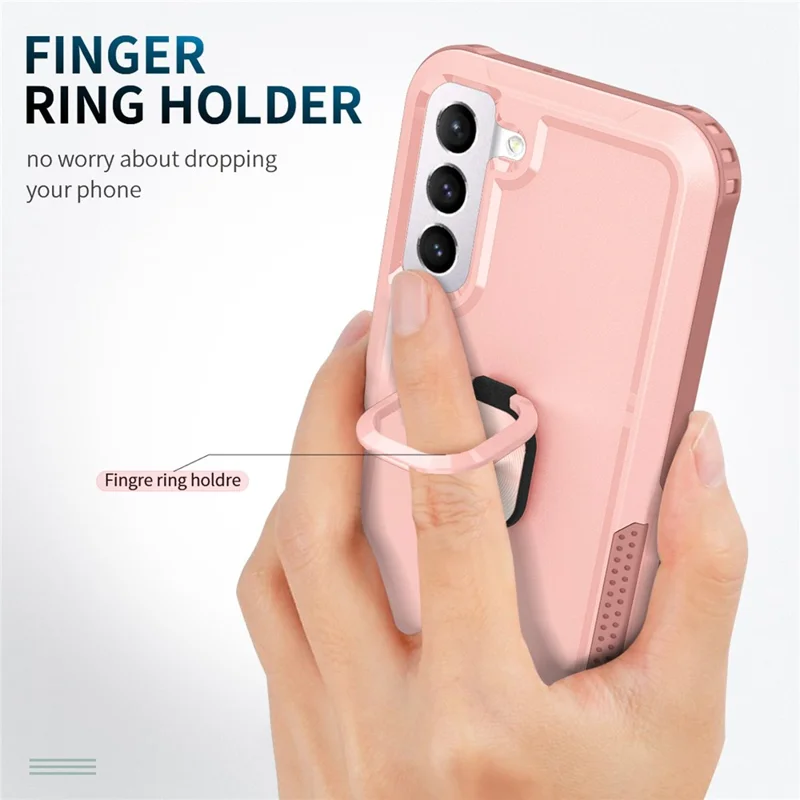 For Samsung Galaxy S22 5G PC + Silicone 3-in-1 Protective Case Rotatable Ring Kickstand Phone Drop-proof Cover - Pink