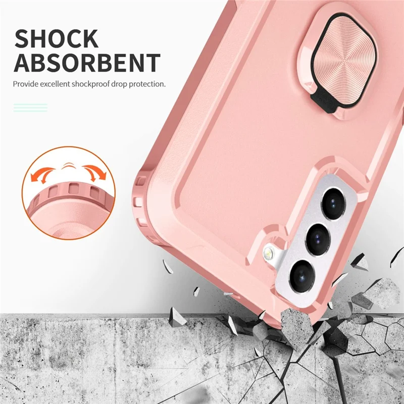 For Samsung Galaxy S22 5G PC + Silicone 3-in-1 Protective Case Rotatable Ring Kickstand Phone Drop-proof Cover - Pink