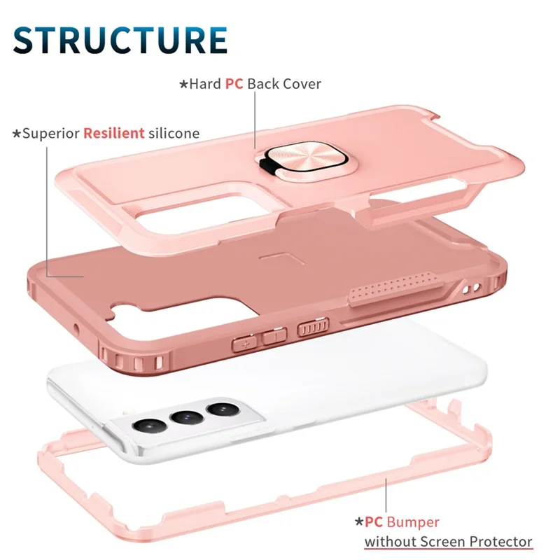 For Samsung Galaxy S22 5G PC + Silicone 3-in-1 Protective Case Rotatable Ring Kickstand Phone Drop-proof Cover - Pink