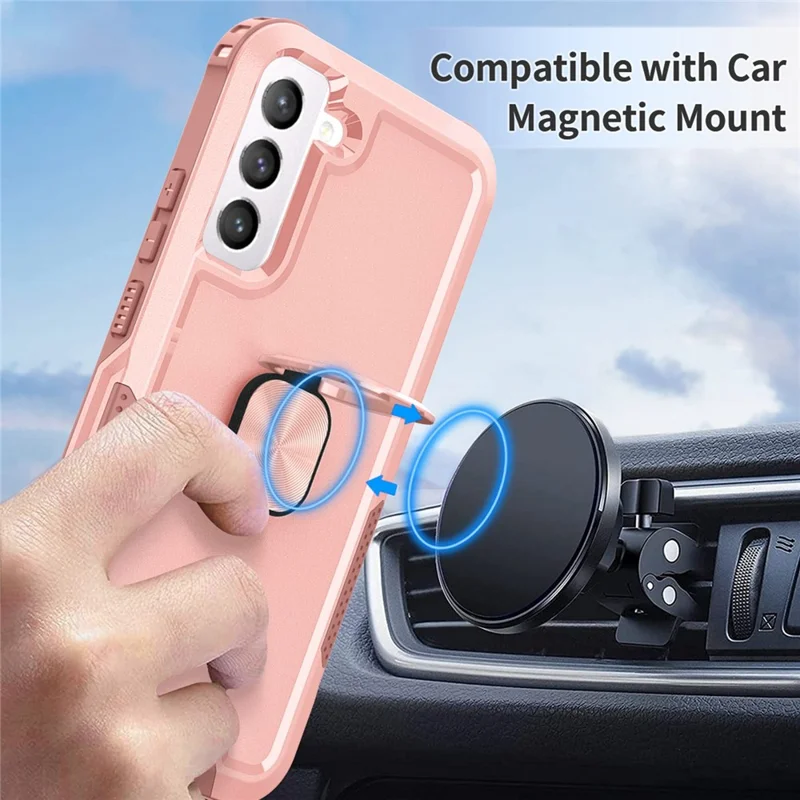 For Samsung Galaxy S22 5G PC + Silicone 3-in-1 Protective Case Rotatable Ring Kickstand Phone Drop-proof Cover - Pink