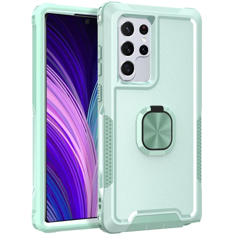 For Samsung Galaxy S22 Ultra 5G 3-in-1 Ring Holder Phone Case Kickstand Protective Phone Back Cover - Green