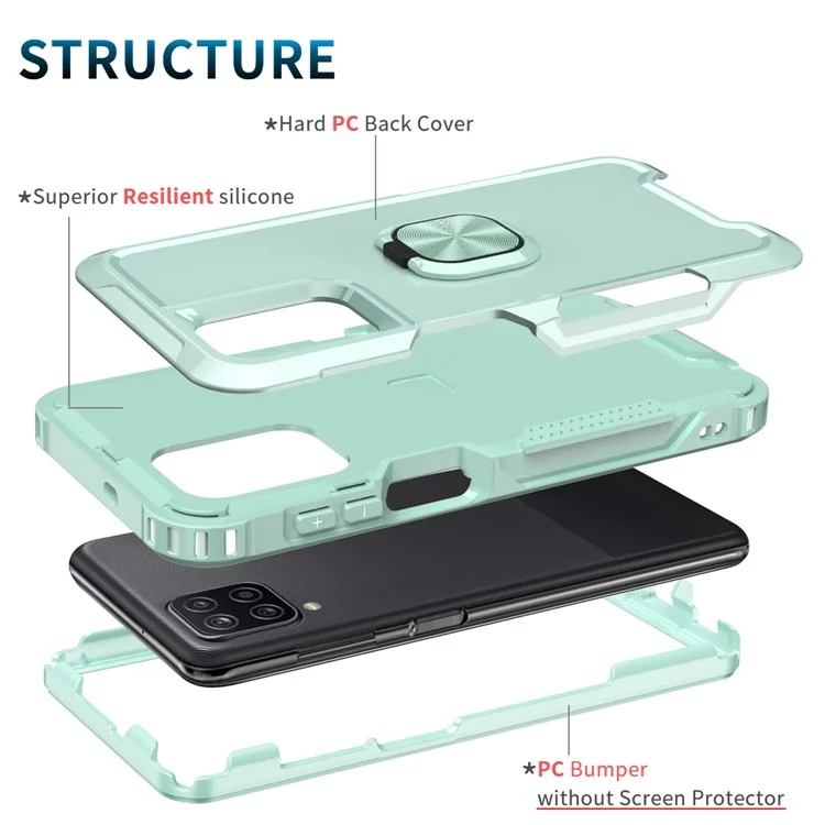 Para Samsung Galaxy A12 / A32 5G / A13 5G / M32 5G Rotativa Anillo Soporte Protector Cubierta PC + Silicona 3-en-1 A Prueba de Golpes Funda de Teléfono - Verde