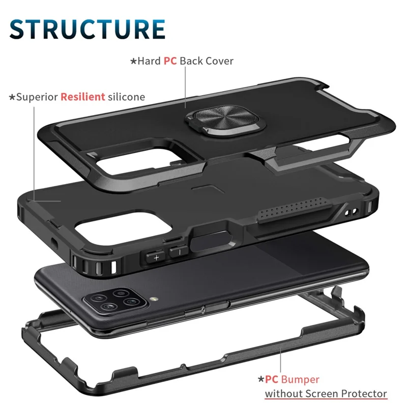 For Samsung Galaxy A12 / A32 5G / A13 5G / M32 5G Rotatable Ring Kickstand Protective Cover PC + Silicone 3-in-1 Drop-proof Phone Case - Black