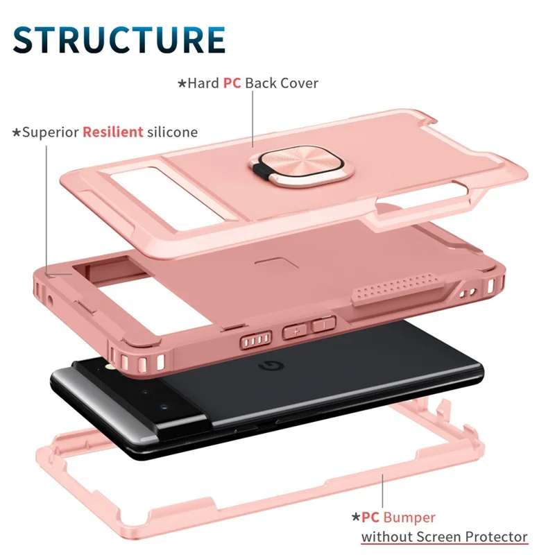 3-in-1 Drop-proof Phone Case For Google Pixel 6, Kickstand Ring Holder Precise Cutouts Phone Back Cover - Pink