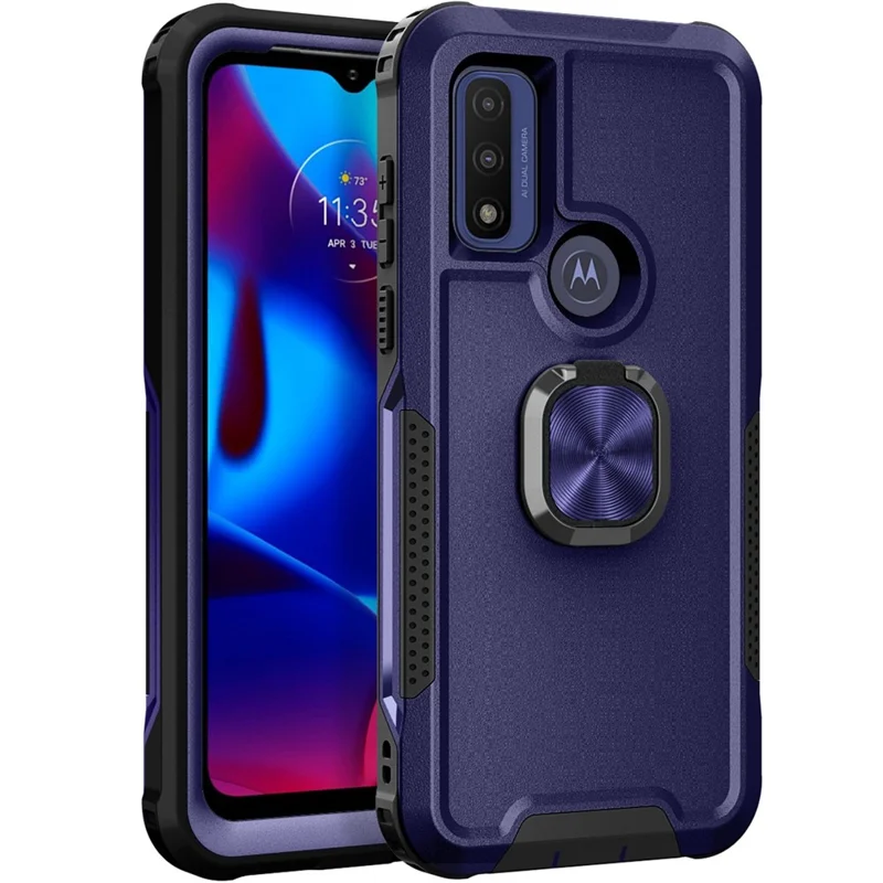 For Motorola G Pure (2021) / Moto G Power (2022) PC + Silicone 3-in-1 Drop-proof Case Rotatable Ring Kickstand Phone Back Cover - Navy Blue