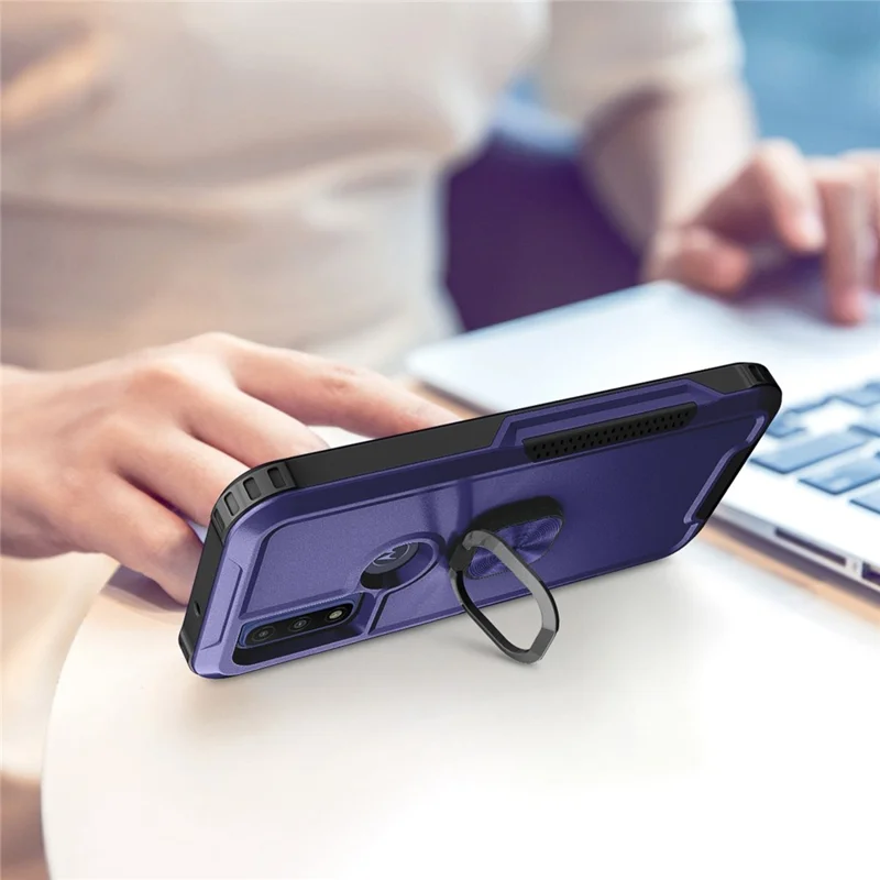 For Motorola G Pure (2021) / Moto G Power (2022) PC + Silicone 3-in-1 Drop-proof Case Rotatable Ring Kickstand Phone Back Cover - Navy Blue