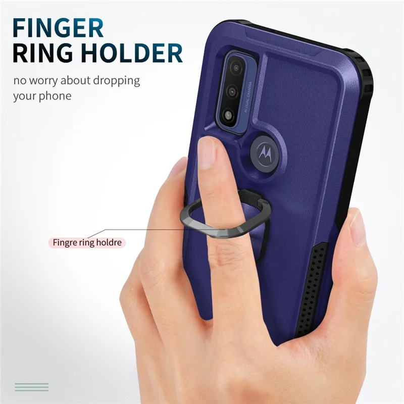 For Motorola G Pure (2021) / Moto G Power (2022) PC + Silicone 3-in-1 Drop-proof Case Rotatable Ring Kickstand Phone Back Cover - Navy Blue