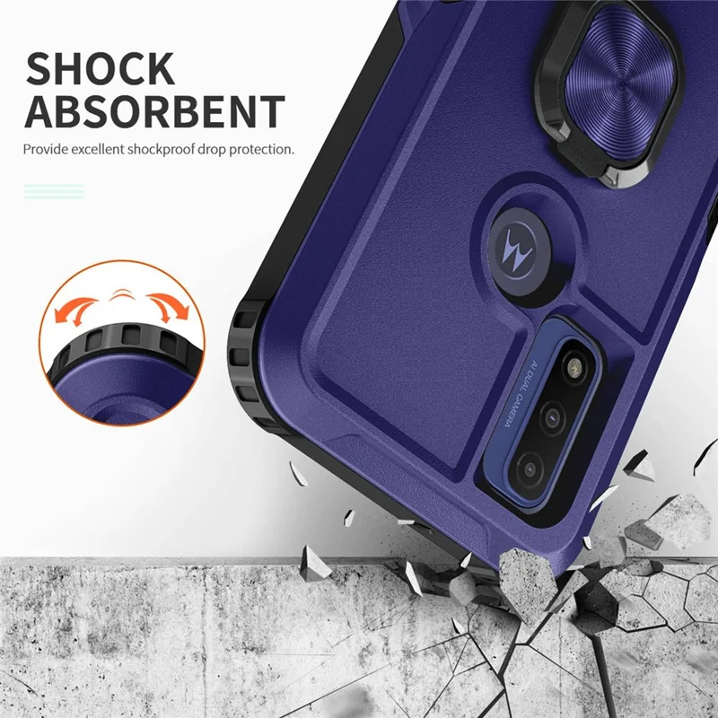 For Motorola G Pure (2021) / Moto G Power (2022) PC + Silicone 3-in-1 Drop-proof Case Rotatable Ring Kickstand Phone Back Cover - Navy Blue