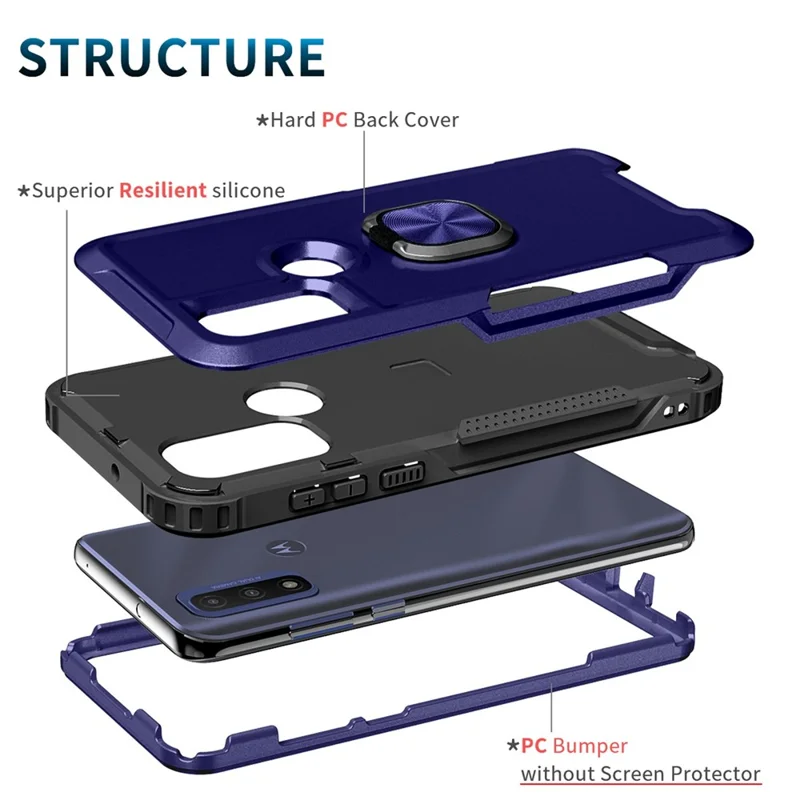 For Motorola G Pure (2021) / Moto G Power (2022) PC + Silicone 3-in-1 Drop-proof Case Rotatable Ring Kickstand Phone Back Cover - Navy Blue