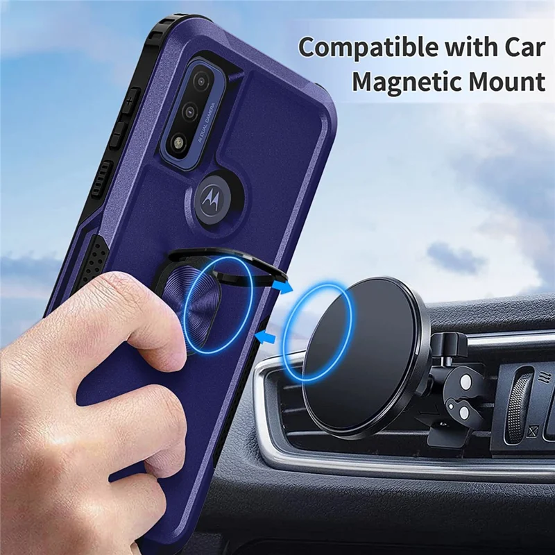 For Motorola G Pure (2021) / Moto G Power (2022) PC + Silicone 3-in-1 Drop-proof Case Rotatable Ring Kickstand Phone Back Cover - Navy Blue