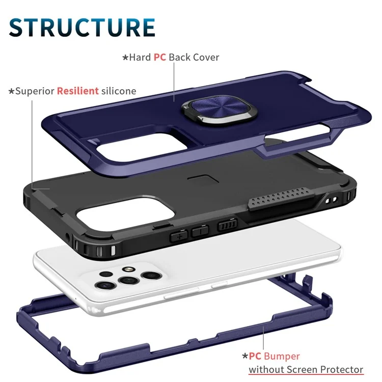 Anti-drop Phone Cover For Samsung Galaxy A53 5G, PC + Silicone Phone Case Rotatable Ring Holder Kickstand - Navy Blue