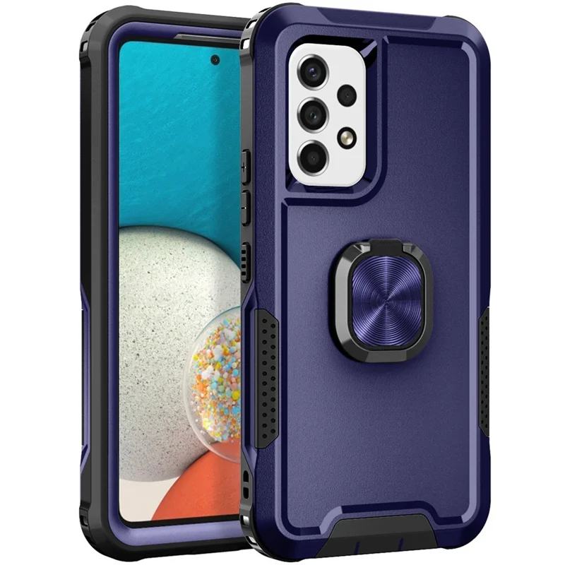 For Samsung Galaxy A73 5G Rotatable Ring Holder Kickstand Phone Case PC + Silicone Anti-scratch Phone Cover - Navy Blue