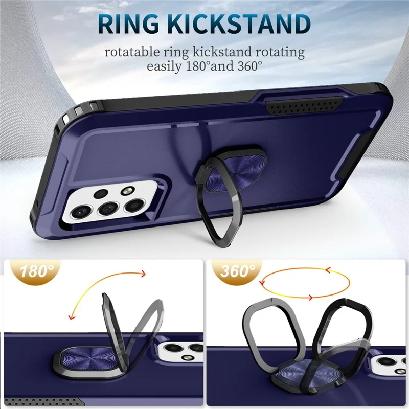 For Samsung Galaxy A73 5G Rotatable Ring Holder Kickstand Phone Case PC + Silicone Anti-scratch Phone Cover - Navy Blue
