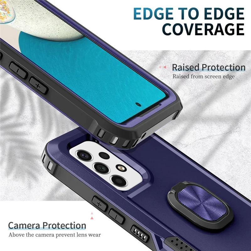 For Samsung Galaxy A73 5G Rotatable Ring Holder Kickstand Phone Case PC + Silicone Anti-scratch Phone Cover - Navy Blue