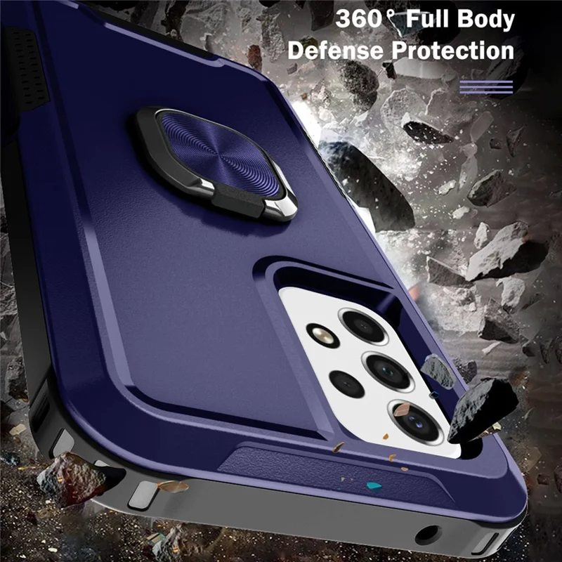 For Samsung Galaxy A73 5G Rotatable Ring Holder Kickstand Phone Case PC + Silicone Anti-scratch Phone Cover - Navy Blue