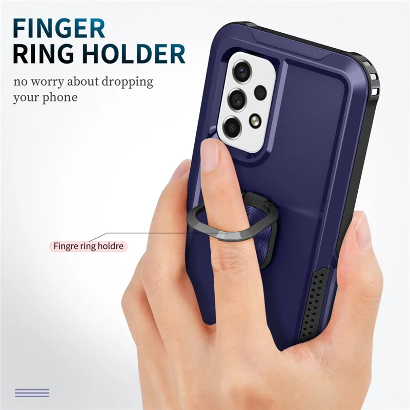 For Samsung Galaxy A73 5G Rotatable Ring Holder Kickstand Phone Case PC + Silicone Anti-scratch Phone Cover - Navy Blue