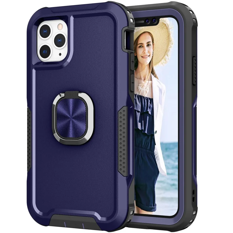 For iPhone 12 Pro Max 6.7 inch 3-in-1  PC + Silicone Phone Case Rotatable Ring Kickstand Anti-scratch Protective Phone Back Cover - Navy Blue