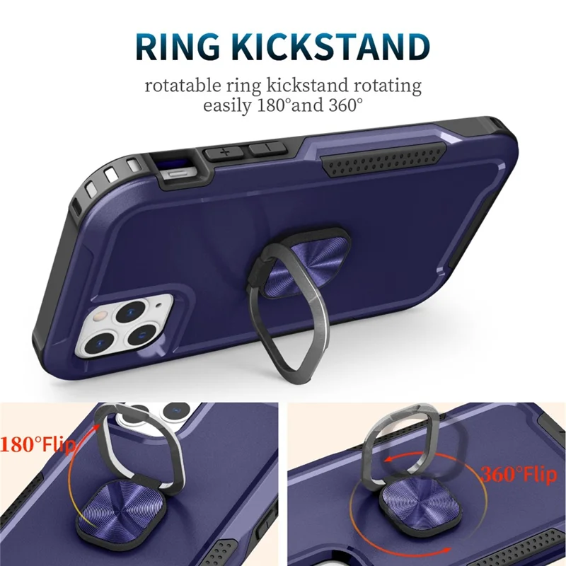 For iPhone 12 Pro Max 6.7 inch 3-in-1  PC + Silicone Phone Case Rotatable Ring Kickstand Anti-scratch Protective Phone Back Cover - Navy Blue