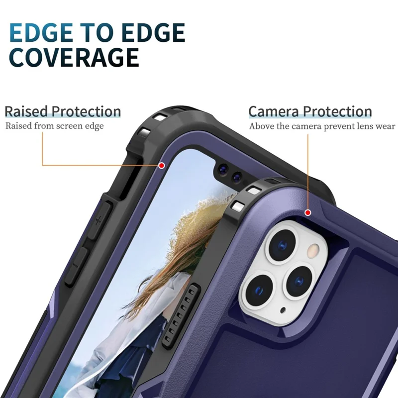 For iPhone 12 Pro Max 6.7 inch 3-in-1  PC + Silicone Phone Case Rotatable Ring Kickstand Anti-scratch Protective Phone Back Cover - Navy Blue