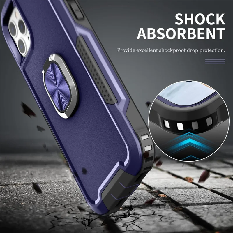 For iPhone 12 Pro Max 6.7 inch 3-in-1  PC + Silicone Phone Case Rotatable Ring Kickstand Anti-scratch Protective Phone Back Cover - Navy Blue