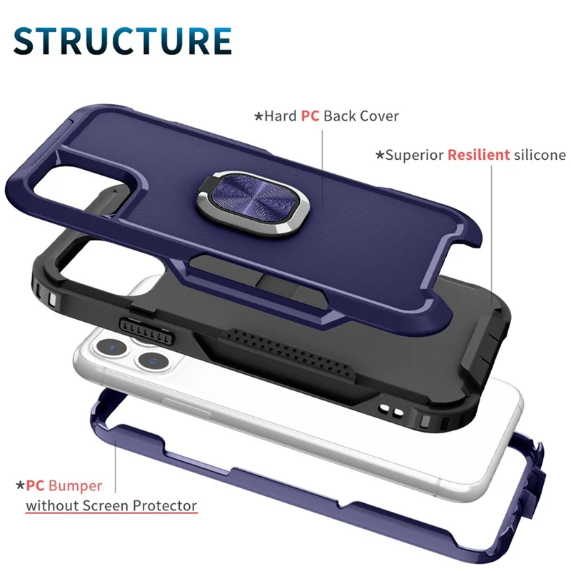 For iPhone 12 Pro Max 6.7 inch 3-in-1  PC + Silicone Phone Case Rotatable Ring Kickstand Anti-scratch Protective Phone Back Cover - Navy Blue