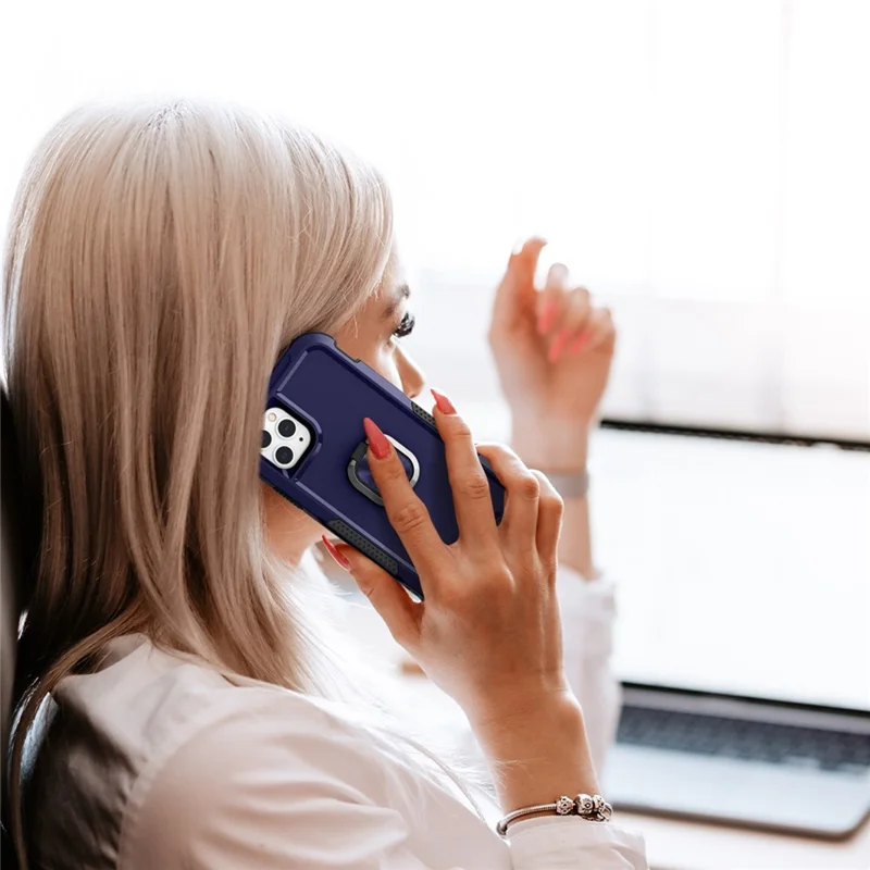 For iPhone 12 Pro Max 6.7 inch 3-in-1  PC + Silicone Phone Case Rotatable Ring Kickstand Anti-scratch Protective Phone Back Cover - Navy Blue