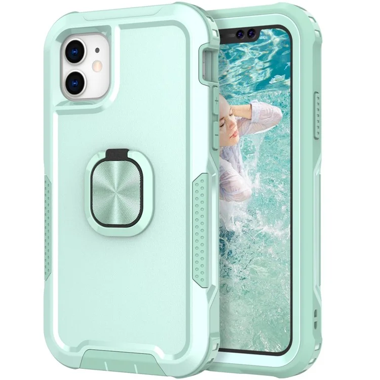 Für Iphone 11 6,1 Zoll Drop-sof-pc + Silikon-telefonhülle Rotatable Ring Kickstand Wear-resistente Telefonabdeckung - Grün