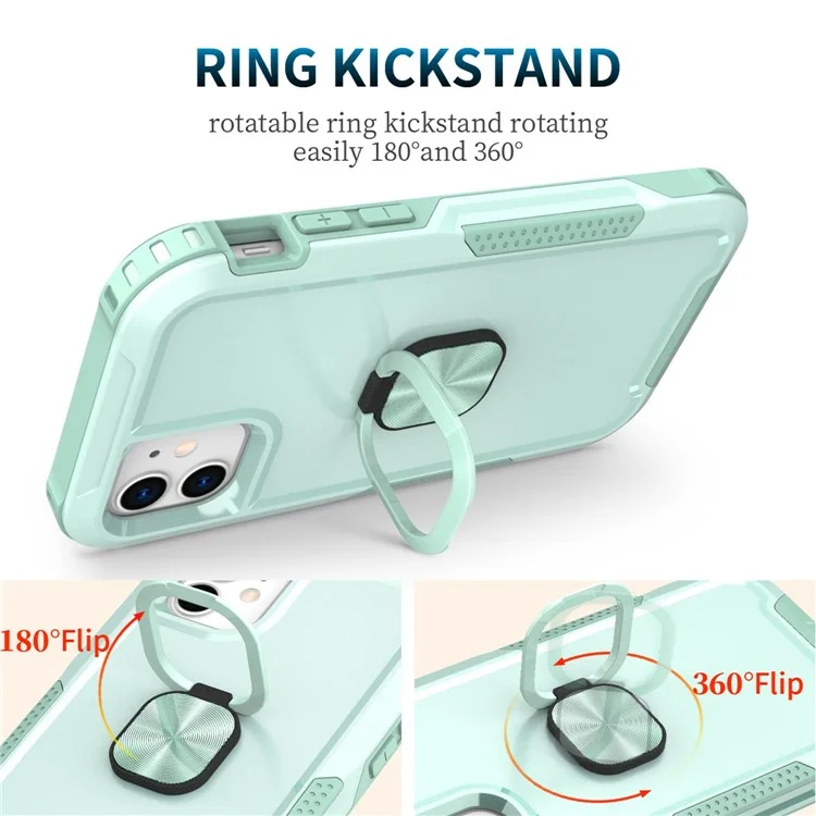 Für Iphone 11 6,1 Zoll Drop-sof-pc + Silikon-telefonhülle Rotatable Ring Kickstand Wear-resistente Telefonabdeckung - Grün