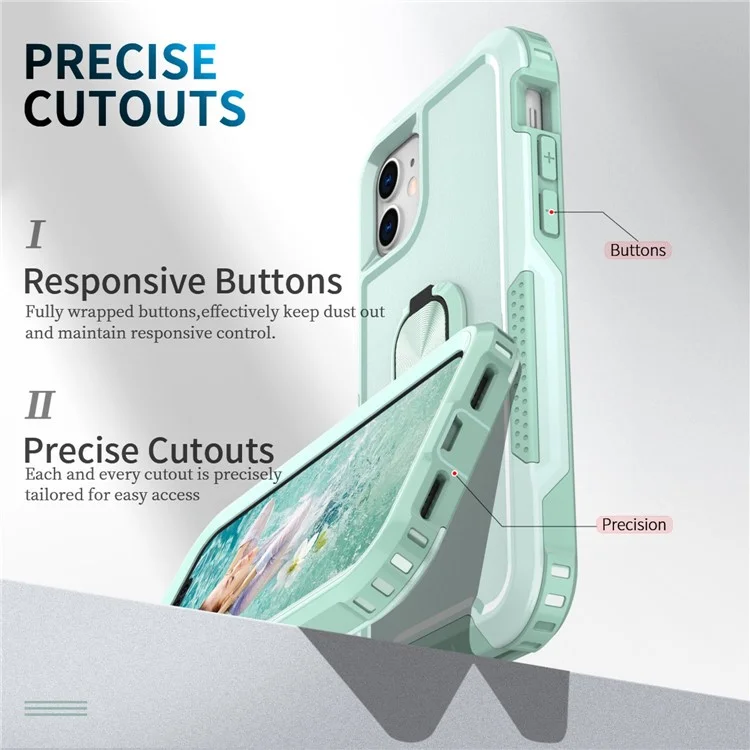 Für Iphone 11 6,1 Zoll Drop-sof-pc + Silikon-telefonhülle Rotatable Ring Kickstand Wear-resistente Telefonabdeckung - Grün