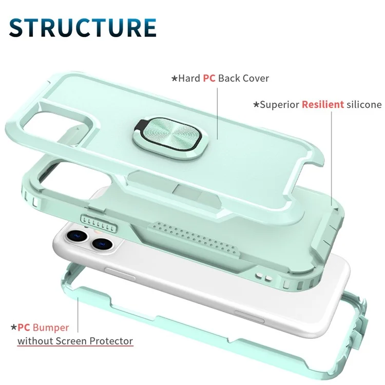 Für Iphone 11 6,1 Zoll Drop-sof-pc + Silikon-telefonhülle Rotatable Ring Kickstand Wear-resistente Telefonabdeckung - Grün