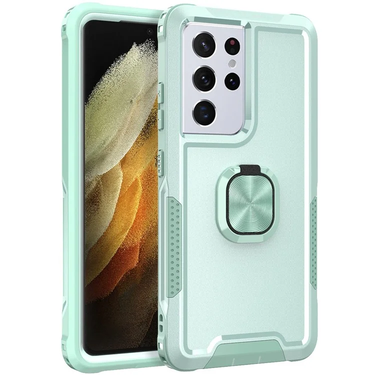 Caixa de Telefone PC + Silicone Para Samsung Galaxy S21 Ultra 5G, Ring Ring Kickstand Anti-fall Tampa - Verde
