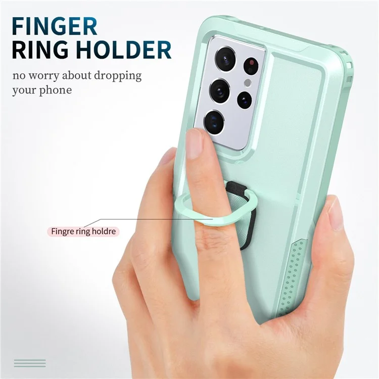 Caixa de Telefone PC + Silicone Para Samsung Galaxy S21 Ultra 5G, Ring Ring Kickstand Anti-fall Tampa - Verde
