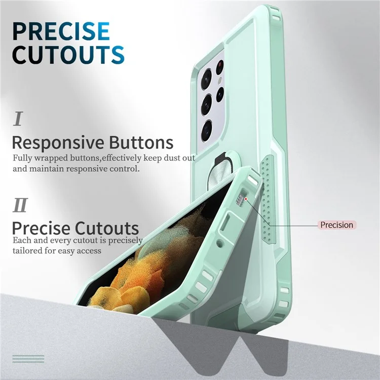 Caixa de Telefone PC + Silicone Para Samsung Galaxy S21 Ultra 5G, Ring Ring Kickstand Anti-fall Tampa - Verde