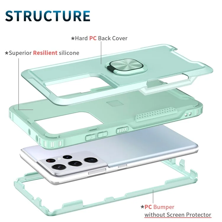 Caixa de Telefone PC + Silicone Para Samsung Galaxy S21 Ultra 5G, Ring Ring Kickstand Anti-fall Tampa - Verde