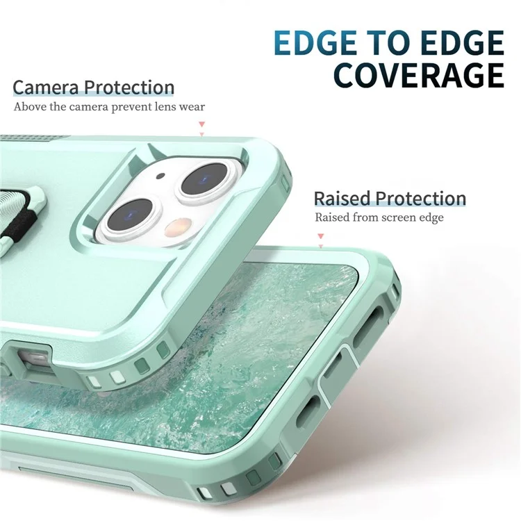 For iPhone 13 6.1 inch 3-in-1 Shockproof Ring Holder Phone Case Kickstand Anti-wear Protective Phone Back Cover - Green