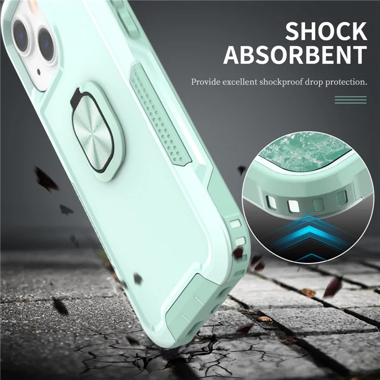 For iPhone 13 6.1 inch 3-in-1 Shockproof Ring Holder Phone Case Kickstand Anti-wear Protective Phone Back Cover - Green