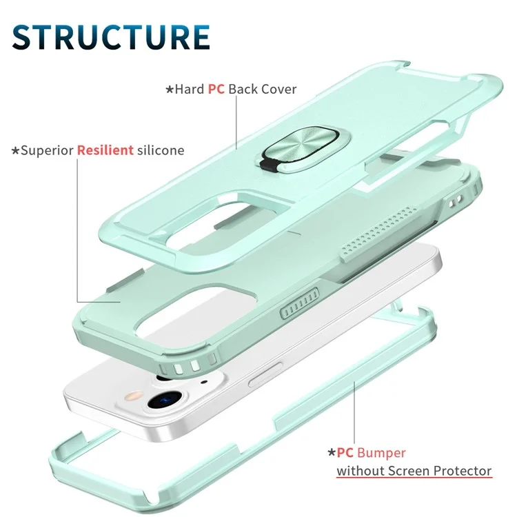 For iPhone 13 6.1 inch 3-in-1 Shockproof Ring Holder Phone Case Kickstand Anti-wear Protective Phone Back Cover - Green