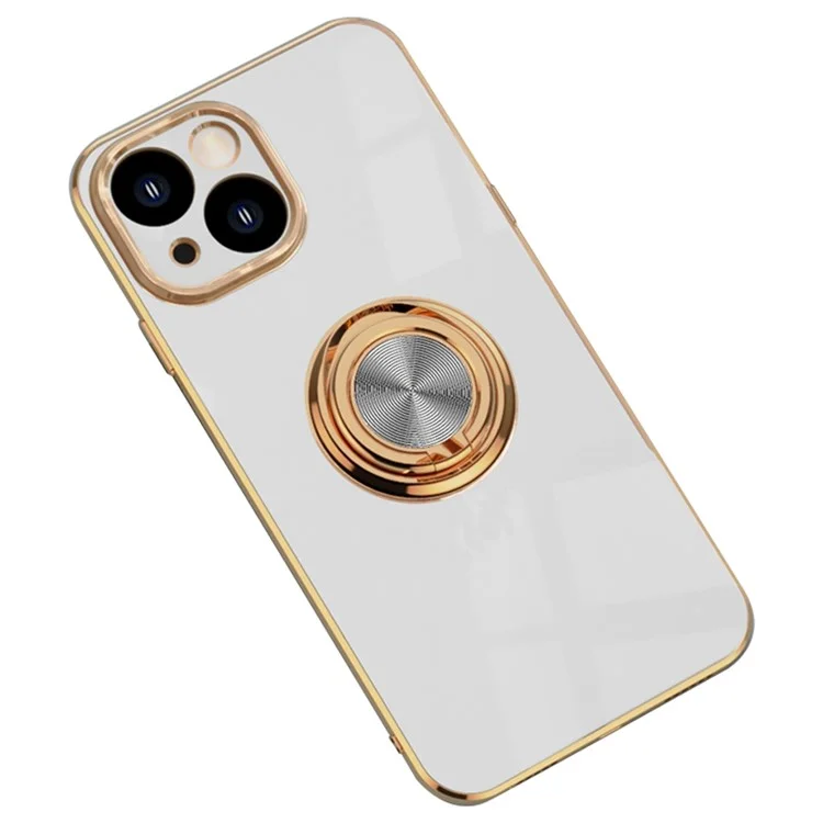 Funda blanda de TPU con recorte preciso para iPhone 14 de 6.1 pulgadas, con soporte de anillo y soporte 9D Electroplating Mobile Phone Back Cover - Blanco
