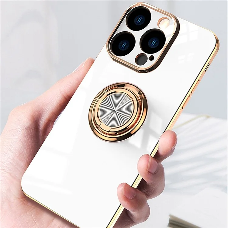 Funda blanda de TPU con recorte preciso para iPhone 14 de 6.1 pulgadas, con soporte de anillo y soporte 9D Electroplating Mobile Phone Back Cover - Blanco