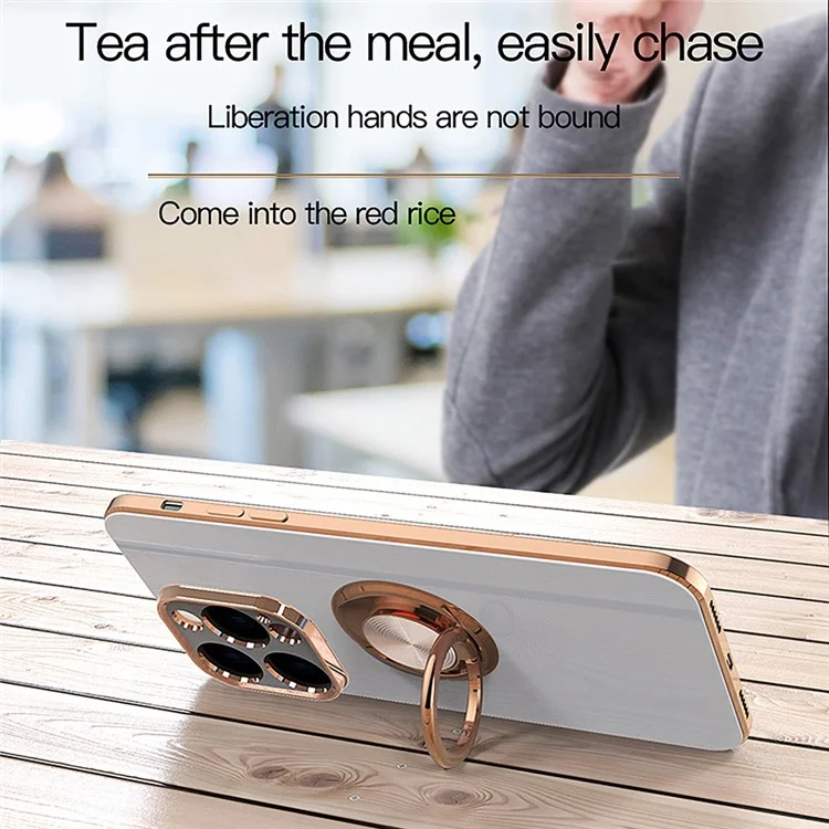 Funda blanda de TPU con recorte preciso para iPhone 14 de 6.1 pulgadas, con soporte de anillo y soporte 9D Electroplating Mobile Phone Back Cover - Blanco