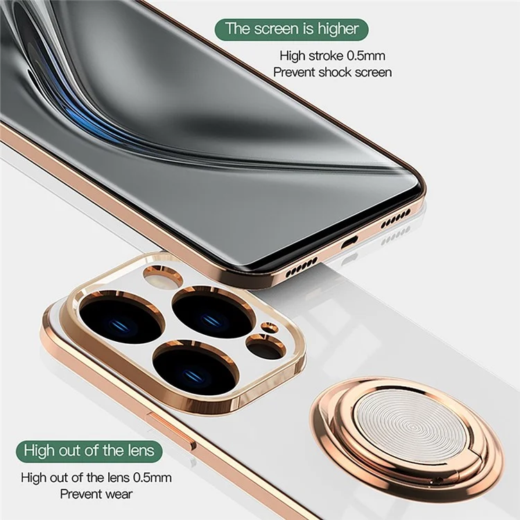 Funda blanda de TPU con recorte preciso para iPhone 14 de 6.1 pulgadas, con soporte de anillo y soporte 9D Electroplating Mobile Phone Back Cover - Blanco