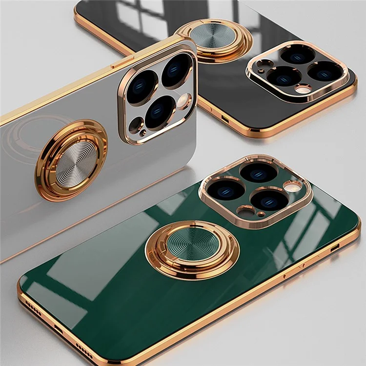 Funda blanda de TPU con recorte preciso para iPhone 14 de 6.1 pulgadas, con soporte de anillo y soporte 9D Electroplating Mobile Phone Back Cover - Blanco