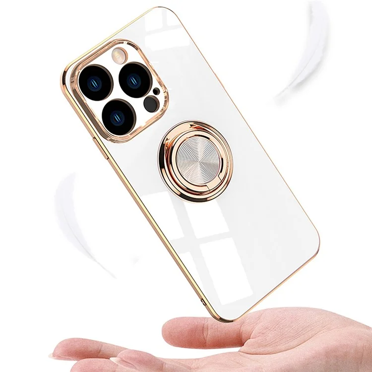 Soft TPU Phone Case Kickstand For iPhone 14 Pro 6.1 inch, Ring Holder Anti-drop 9D Electroplating Precise Cutout Phone Back Cover - Black