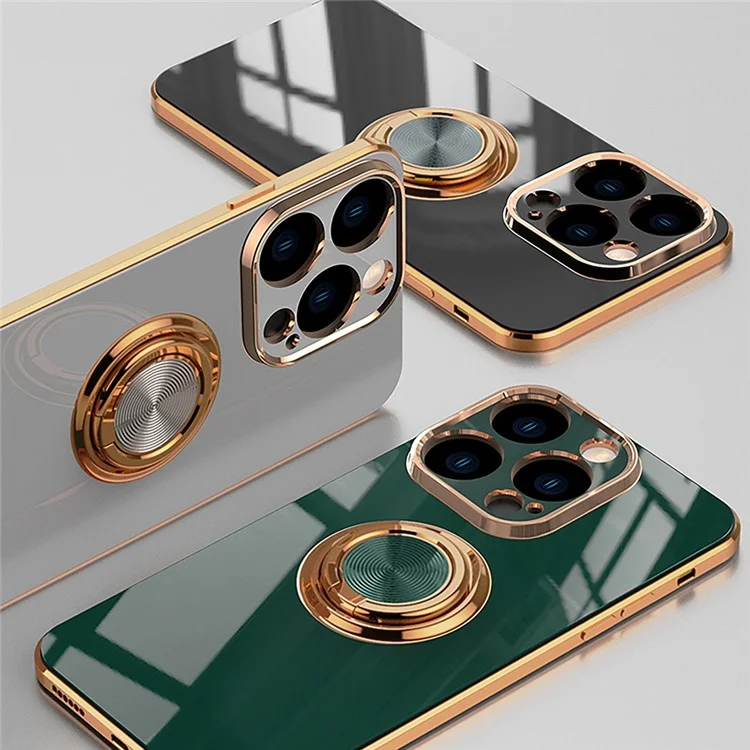 Soft TPU Phone Case Kickstand For iPhone 14 Pro 6.1 inch, Ring Holder Anti-drop 9D Electroplating Precise Cutout Phone Back Cover - Black